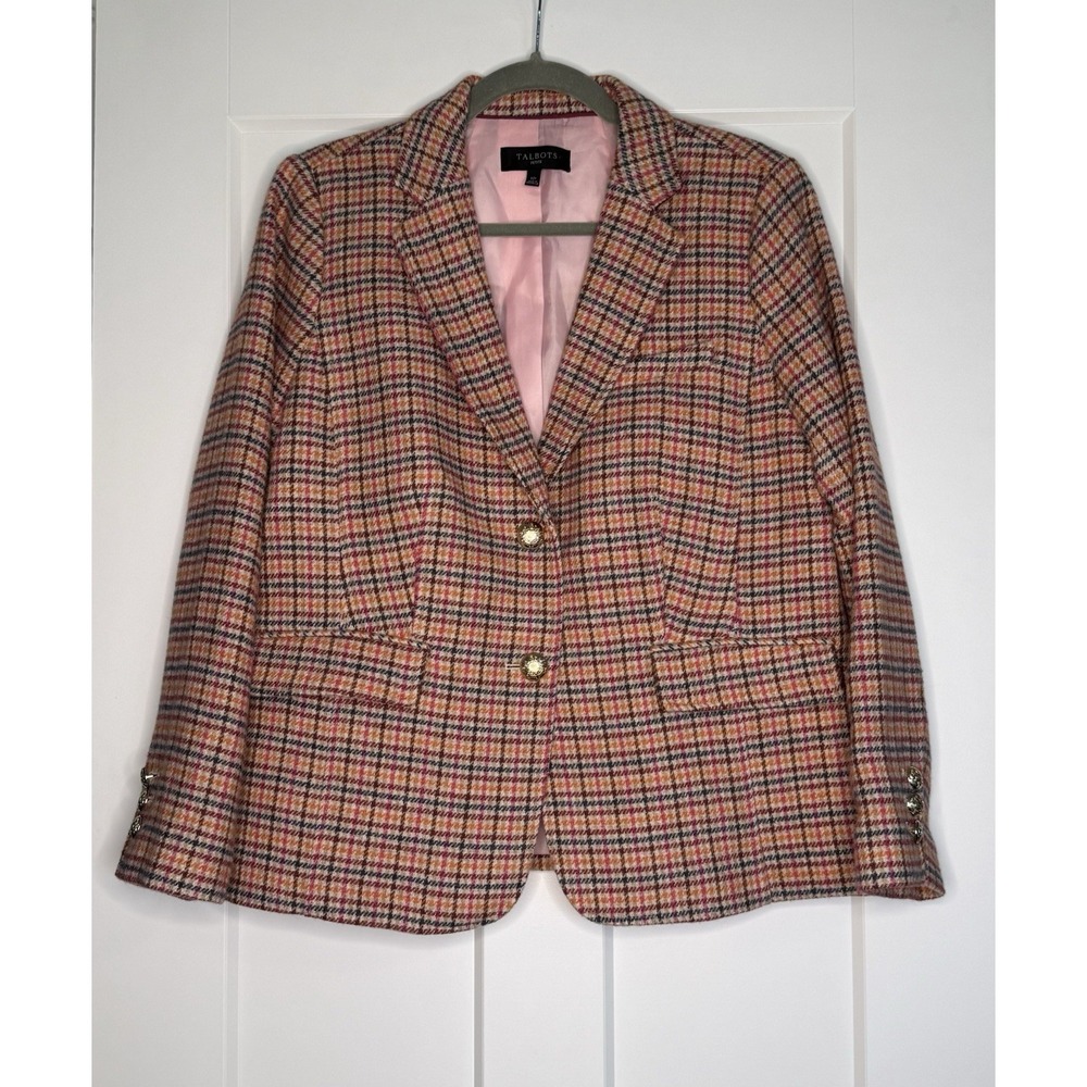 Talbots Petite Wool Blend Plaid Blazer Women's 12P Pink Orange Navy Gold Jacket